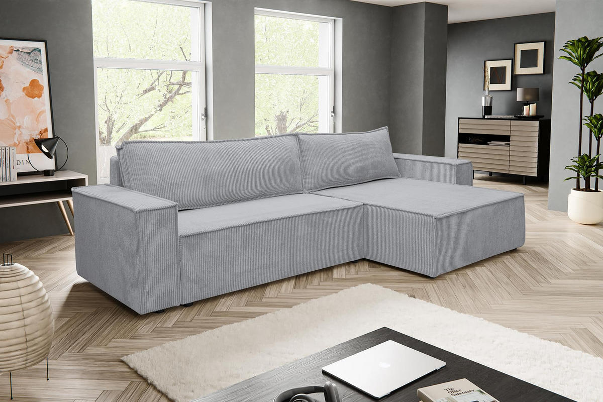 ECKSOFA HUGO XL Schlaffunktion und Bettkasten Cord-Stoff (Grau) - Grau, Textil (274/142cm) - VENASI MÖBEL