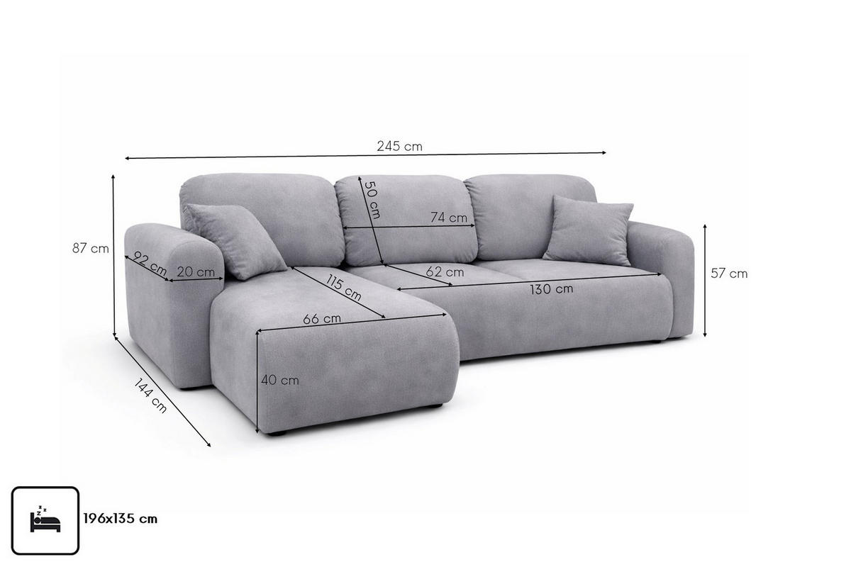 ECKSOFA Mit Schlaffunktion Und Bettkasten, Sofa L-Form Bingo L, Veloursstoff Salvador, Grau, Links - Grau, Holz (245/144cm) - Kaiser Möbel