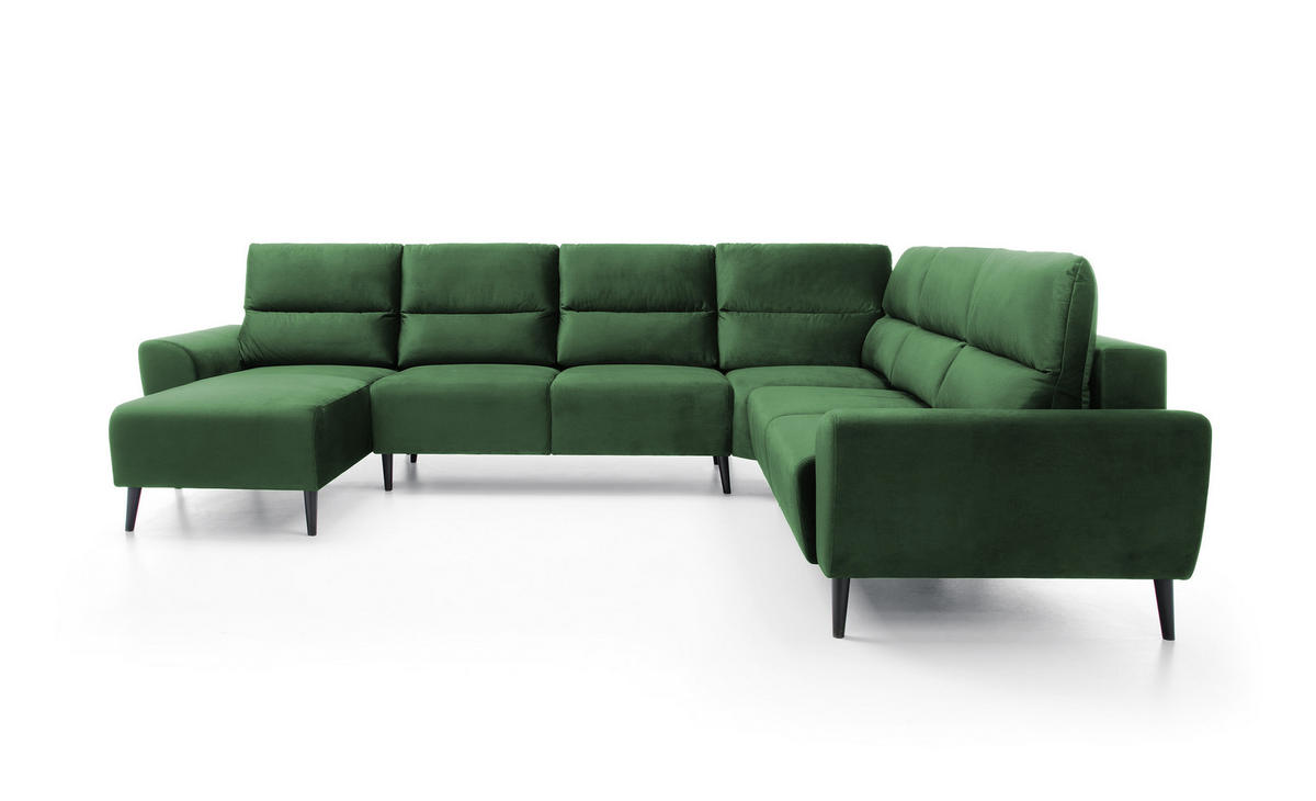 ECKSOFA BOSCO U-Form, Monolith-Stoff, Freistehend, mit verstellbaren Kopfstützen, Sofa für Familien, Größe: 340x270x98cm, Farbe: Grün - Grün, Holz/Textil (270/340cm) - DomoHome