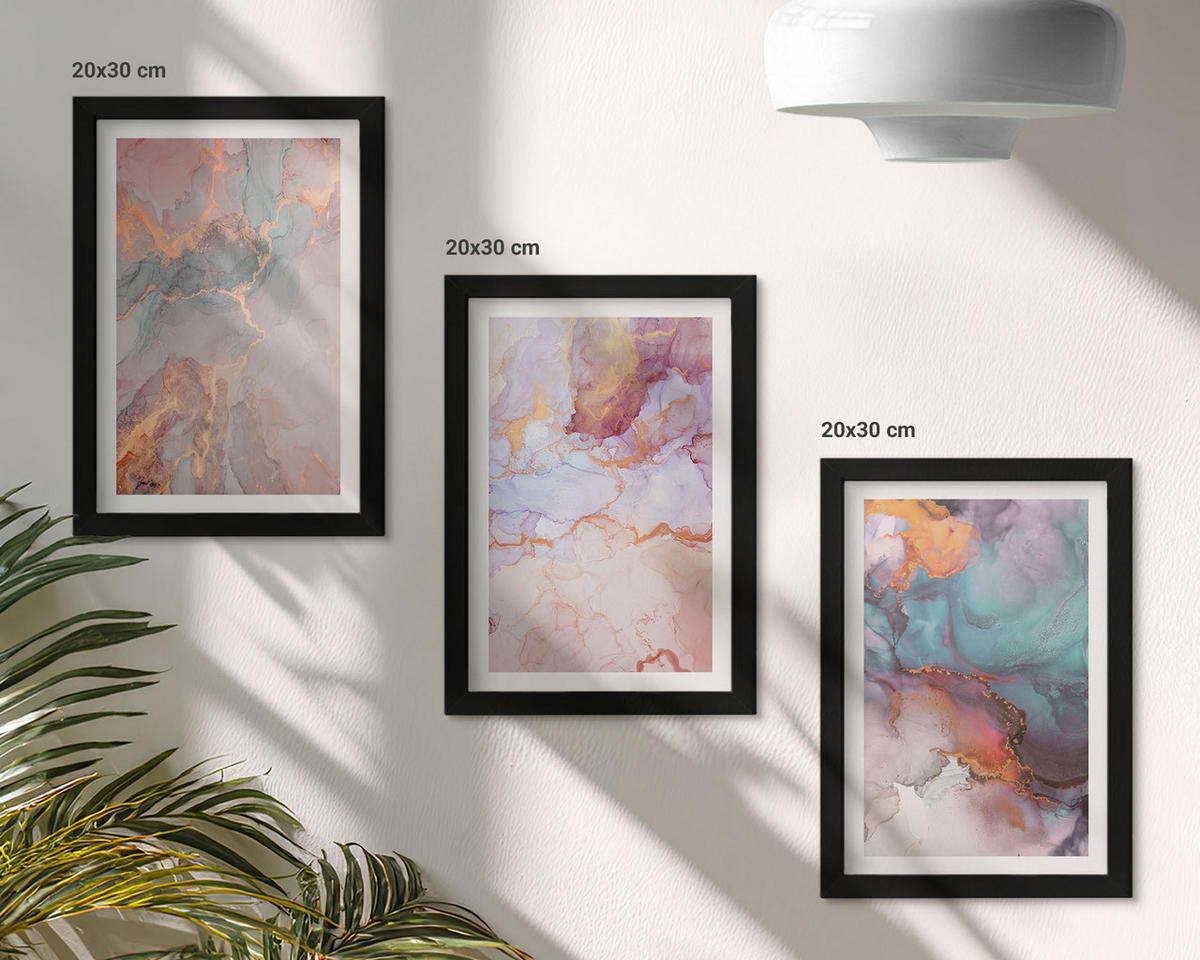BILDER SET 3er Set - 20x30 cm Schwarzer Rahmen - Abstrakte Pastellmuster - Schwarz, Kunststoff (20/30cm) - TULUP