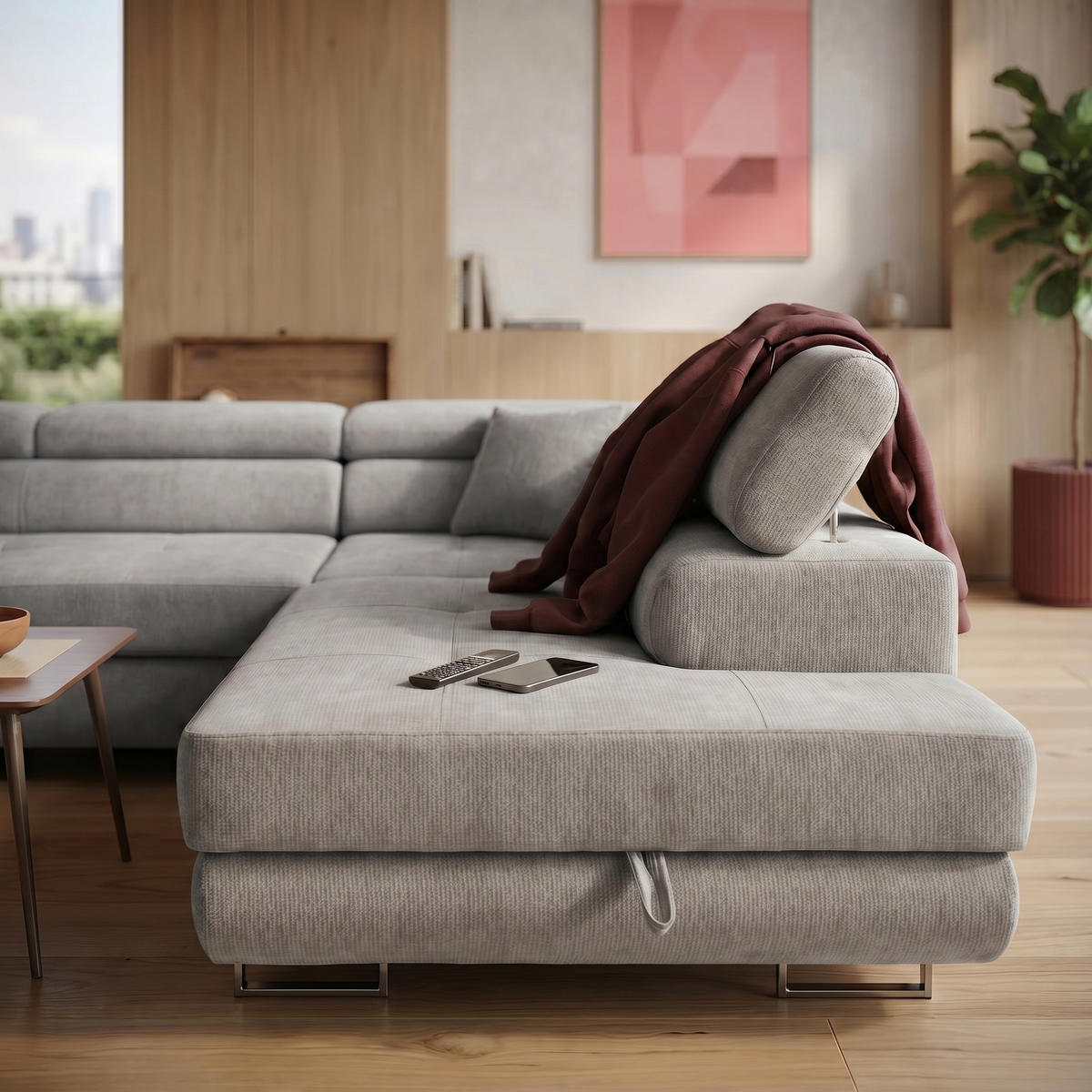 ECKSOFA U-Form WILD U Rechts mit Schlaffunktion 130x260 Chenille Grau - Silberfarben/Grau, Holz/Textil (203/90/350cm) - Muffo