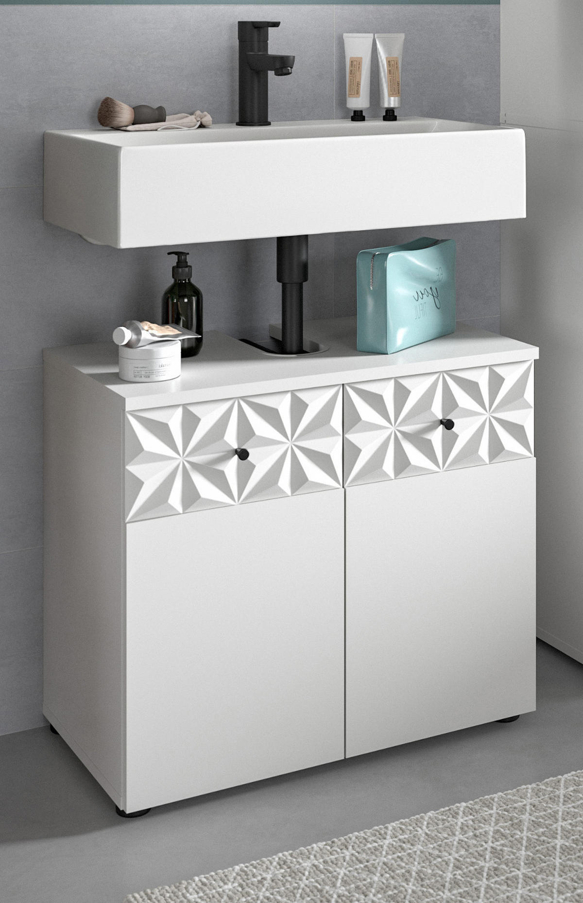 WASCHBECKENUNTERSCHRANK weiß Hochglanz 60 cm, Badschrank mit 3D-Struktur - Weiß Hochglanz/Schwarz, Holzwerkstoff/Kunststoff (60/54/34cm) - Inn.Furn