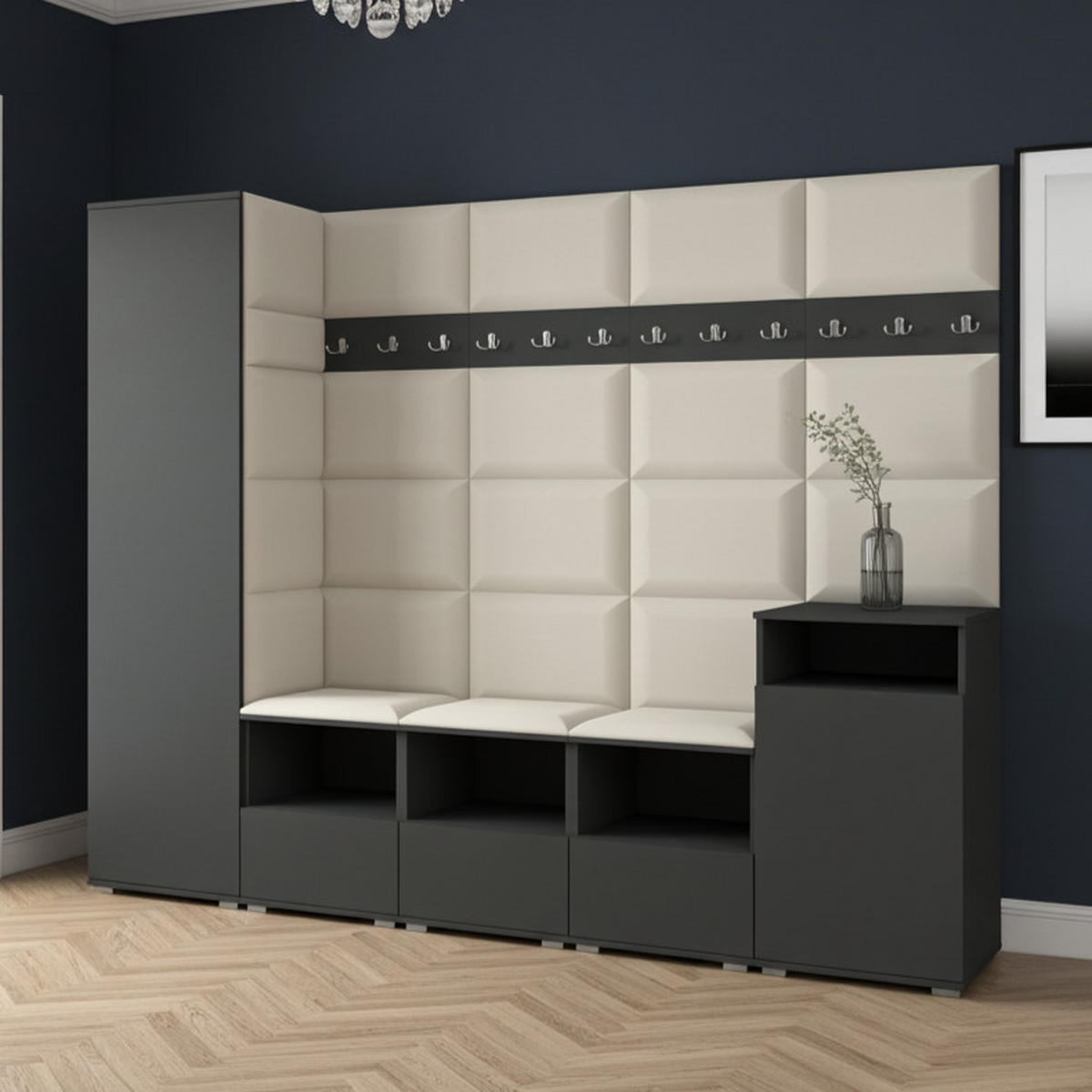 GARDEROBE NELA XI 250 cm (Modulare Flurmöbel Graphit mit Sitzpolster Creme 01 Großes Set) - Silberfarben/Creme, Holz/Holzwerkstoff (250/187/40cm) - Ravio