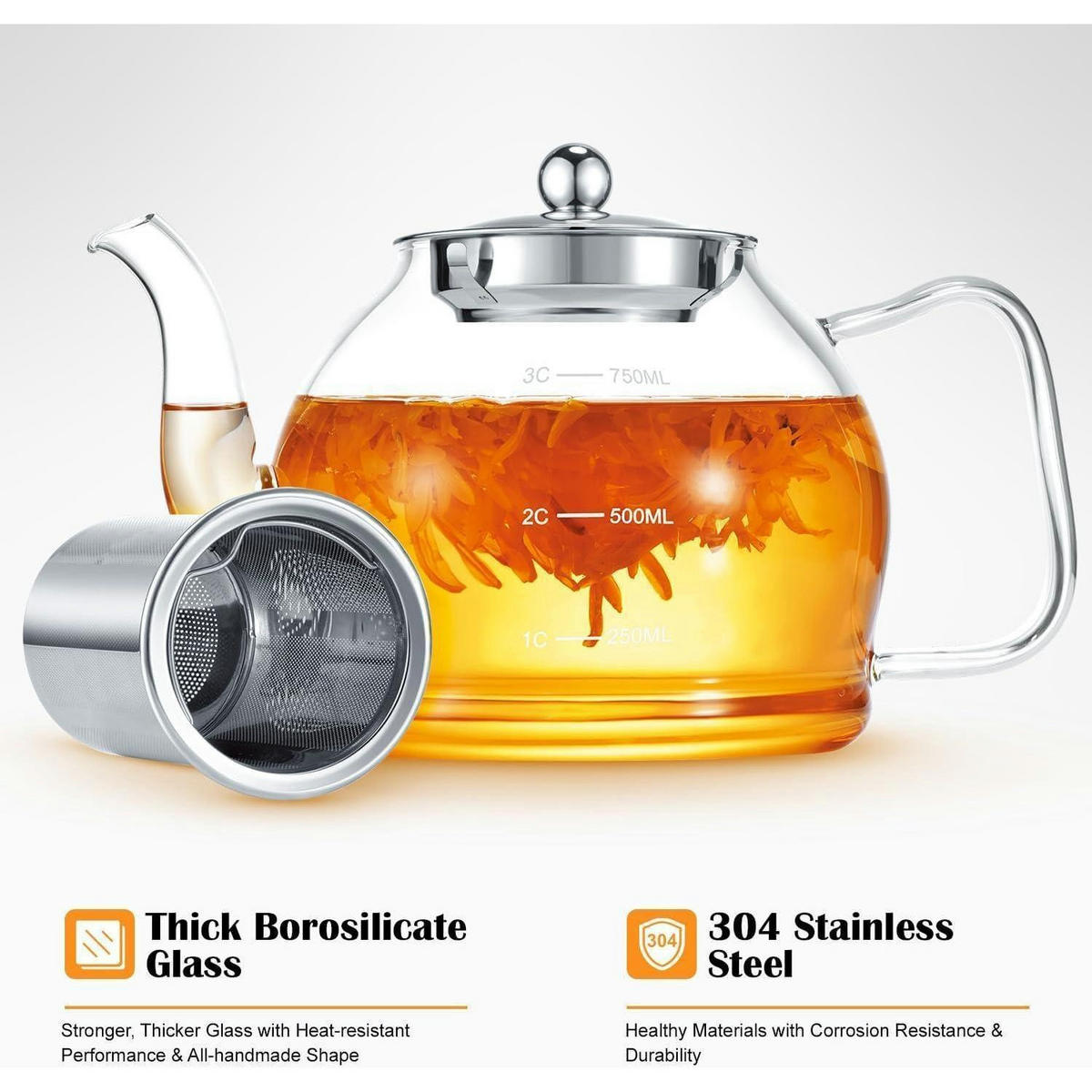 TEEKANNE mit Siebeinsatz 800 ml Borosilikatglas Hitzebeständig - Transparent, Glas (20/12.5cm)