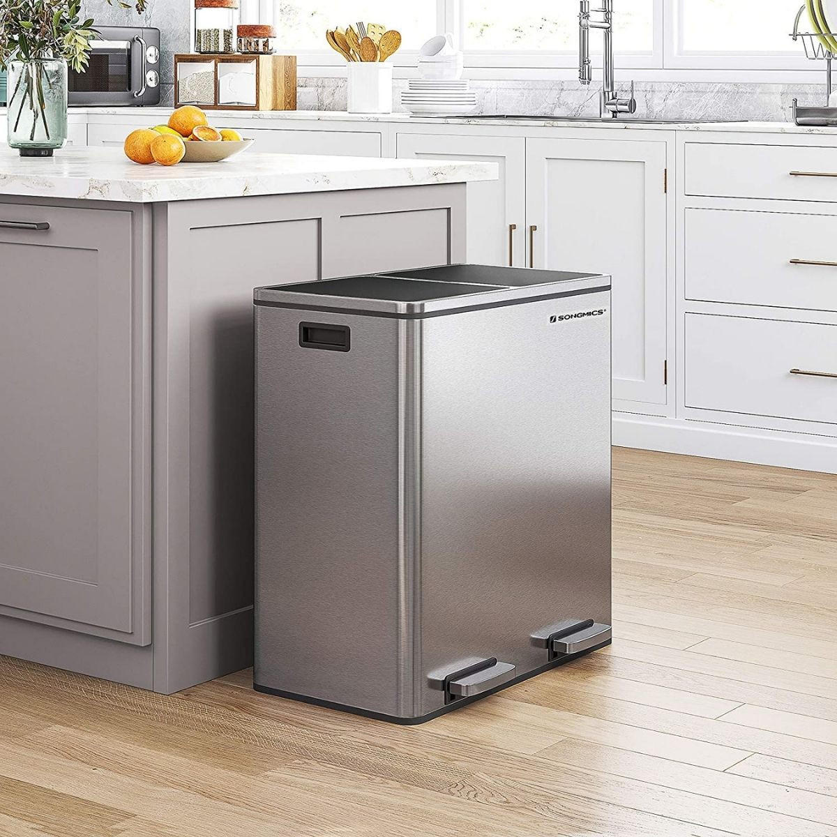 MÜLLEIMER mit 2 Behältern 30L mit Pedal silbergrau - Silberfarben, Kunststoff (32/65/58.6cm) - Calicosy