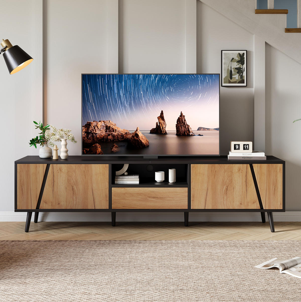 TV-ELEMENT mit 2 Türen und Schublade 180 x 40 x 46 cm Schwarz/Natural - Schwarz, Holzwerkstoff (40/46/180cm) - Beauniv