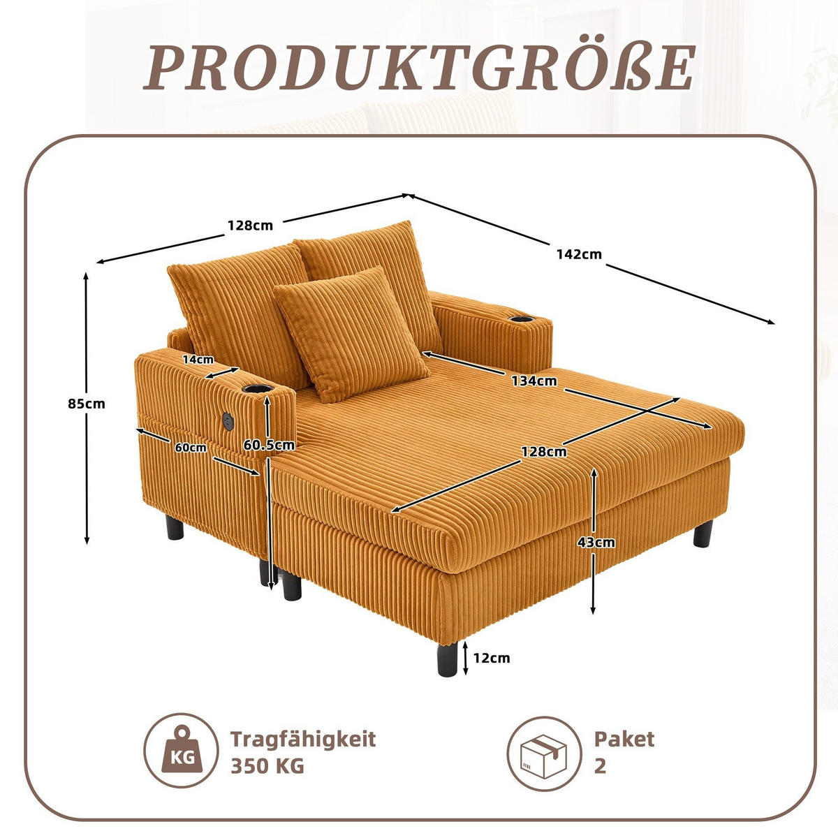 RELAXLIEGE XXL Polsterliege,Relaxsessel,3 Zierkissen,Cord,Gelb - Gelb, Textil (128/85/142cm) - LVHOM