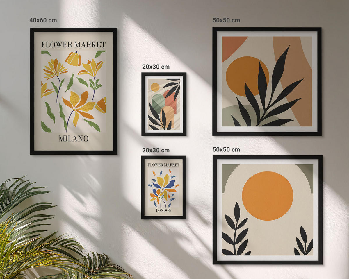 BILDER SET 5er Set - 50x50 cm & 20x30 cm & 40x60 cm Schwarzer Rahmen - Abstrakte geometrische Formen - Schwarz, Kunststoff (40/60cm) - TULUP