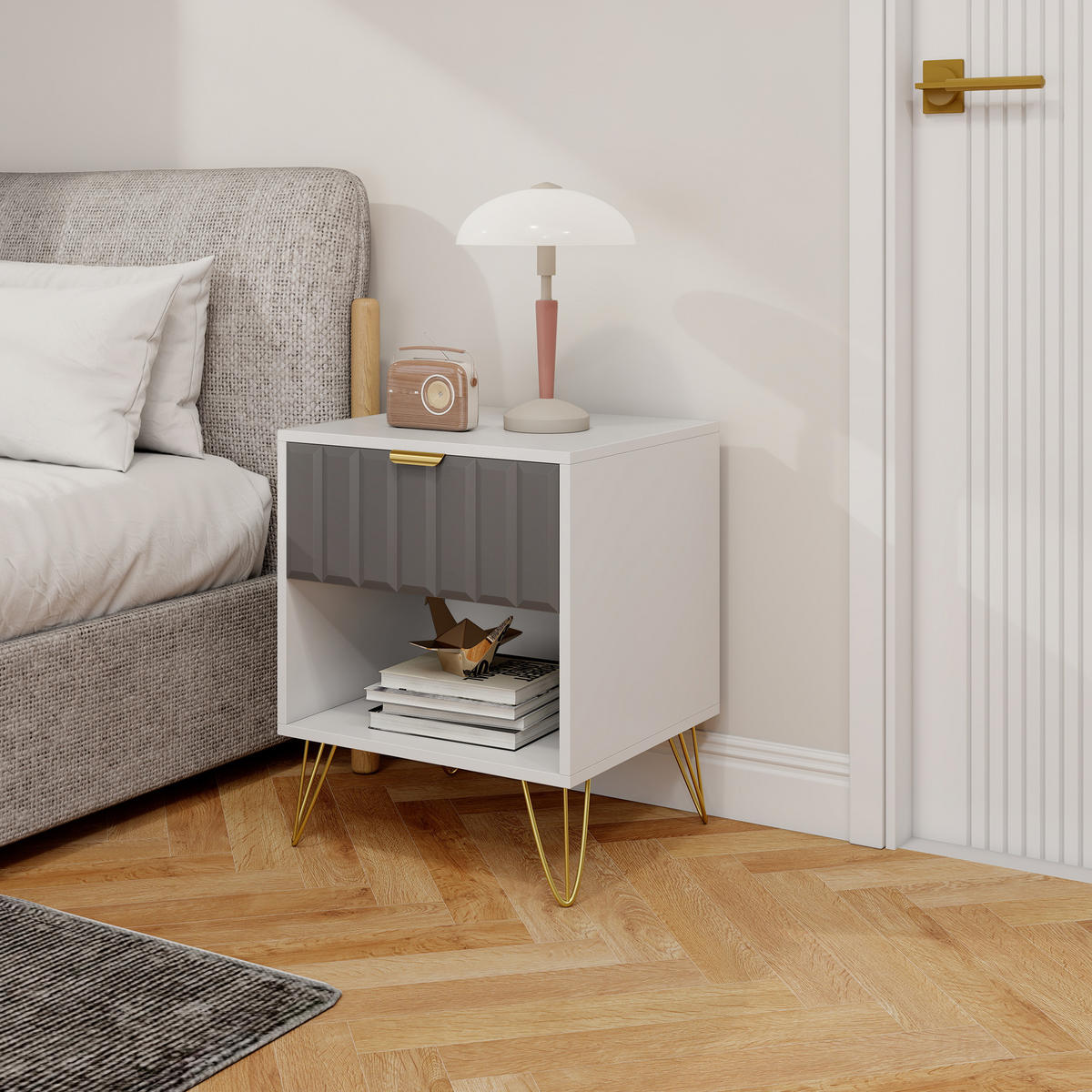 NACHTSCHRANK DE-12912 Schublade und offenes Fach, Stahlfüße Weiß - Weiß, Holzwerkstoff (40/55/45cm) - ComfortXL