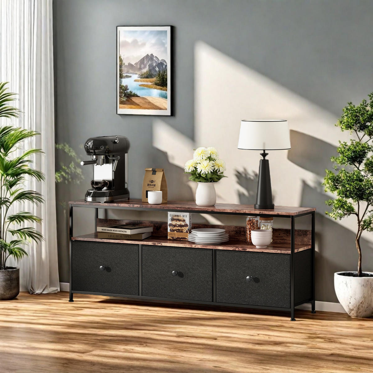 LOWBOARD, TV Schrank mit LED 137x30x57 cm, mit 3 Stoffschubladen und offenen Fächern - Schwarz, Holz (29.8/57/137cm) - WoodenAura