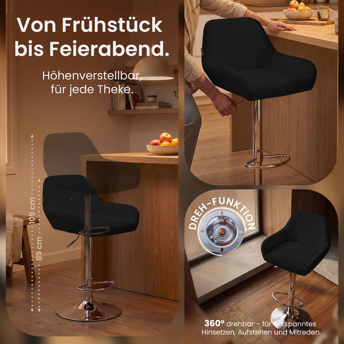 BARHOCKER Stoff schwarz - Chromfarben/Schwarz, Textil/Metall (51/89/52cm) - CLP