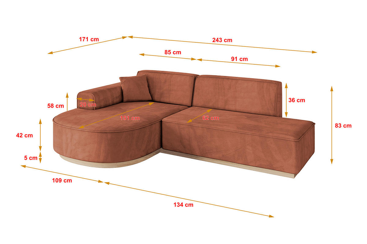ECKSOFA Ottomane Links ARRIO-L1 - 243x171x83 cm Apricot - Koralle/Schwarz, Holzwerkstoff/Kunststoff (243/171cm) - ALTDECOR