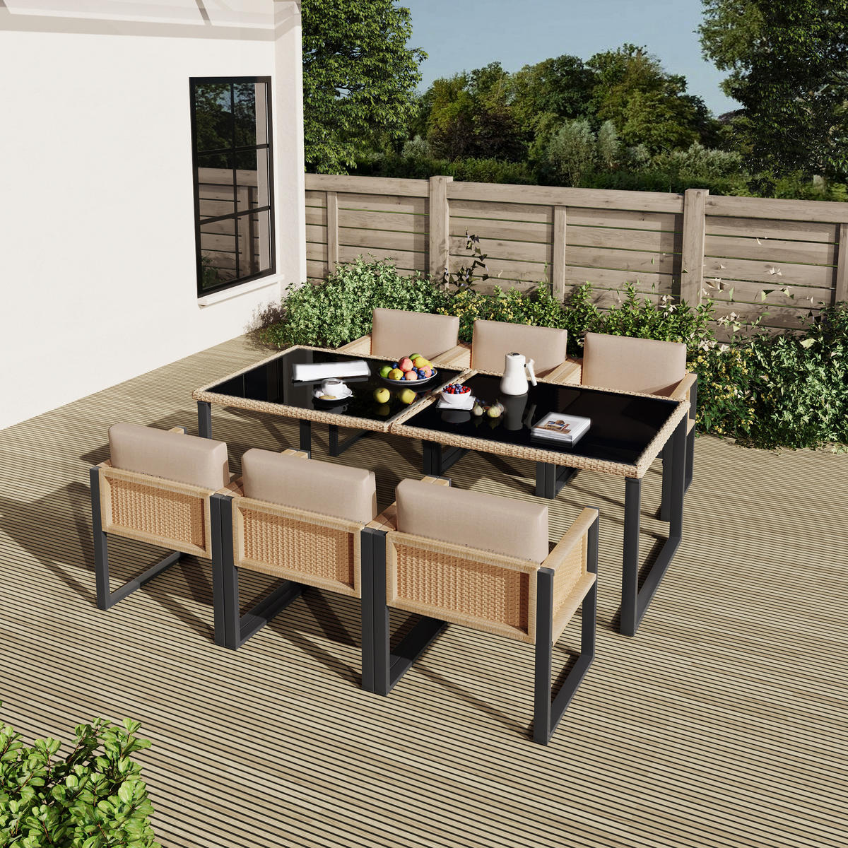 GARTENSET 6 Personen Tisch Stuhl - Schwarz, Naturmaterialien - LEBENLANG