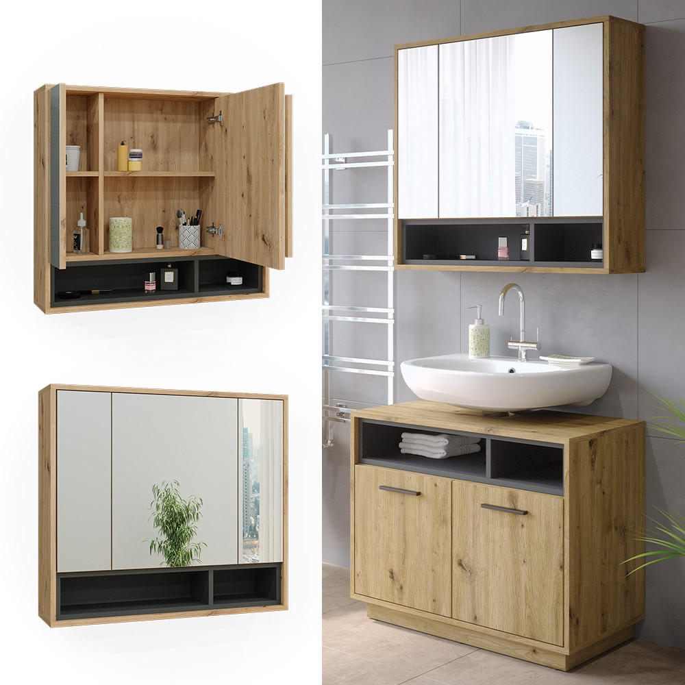BADSPIEGELSCHRANK Beatrice Artisan Eiche/Anthrazit 80 x 72 cm - Anthrazit/Eiche Artisan, Holzwerkstoff (80/72/20cm) - Vicco