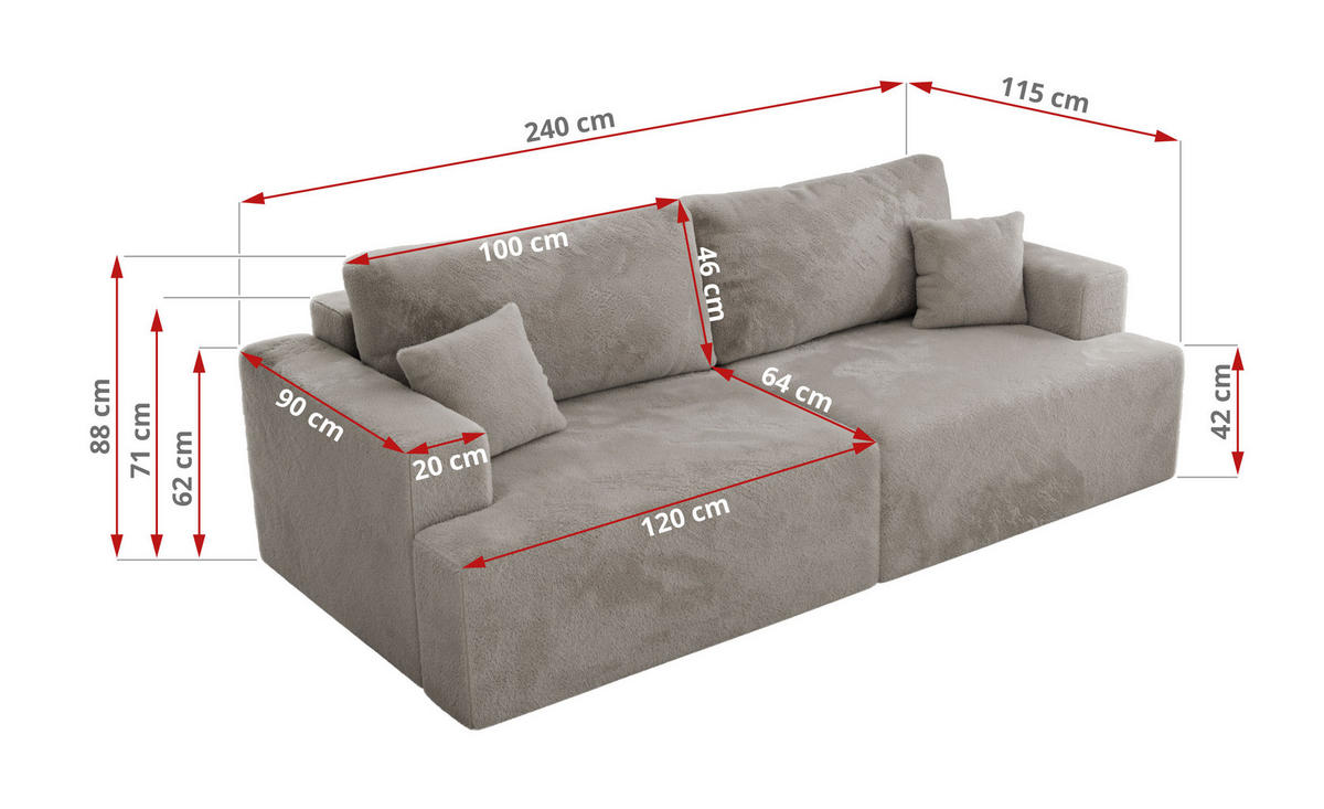 4-SITZER SOFA VIRELLA Hellgrau Plüsch - Hellgrau/Schwarz, Textil (240/88/115cm) - MKS