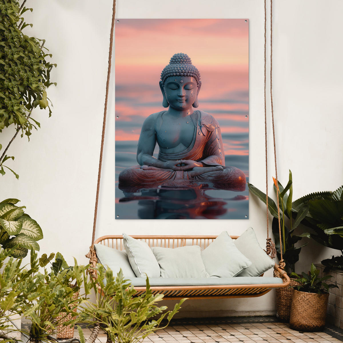 ZAHRADNÍ PLAKÁT Buddha - Socha - Buddha - Voda - Umění - Buddha 120x180 cm - šedohnědá, plast (120/180/0.2cm) - OnlyWow