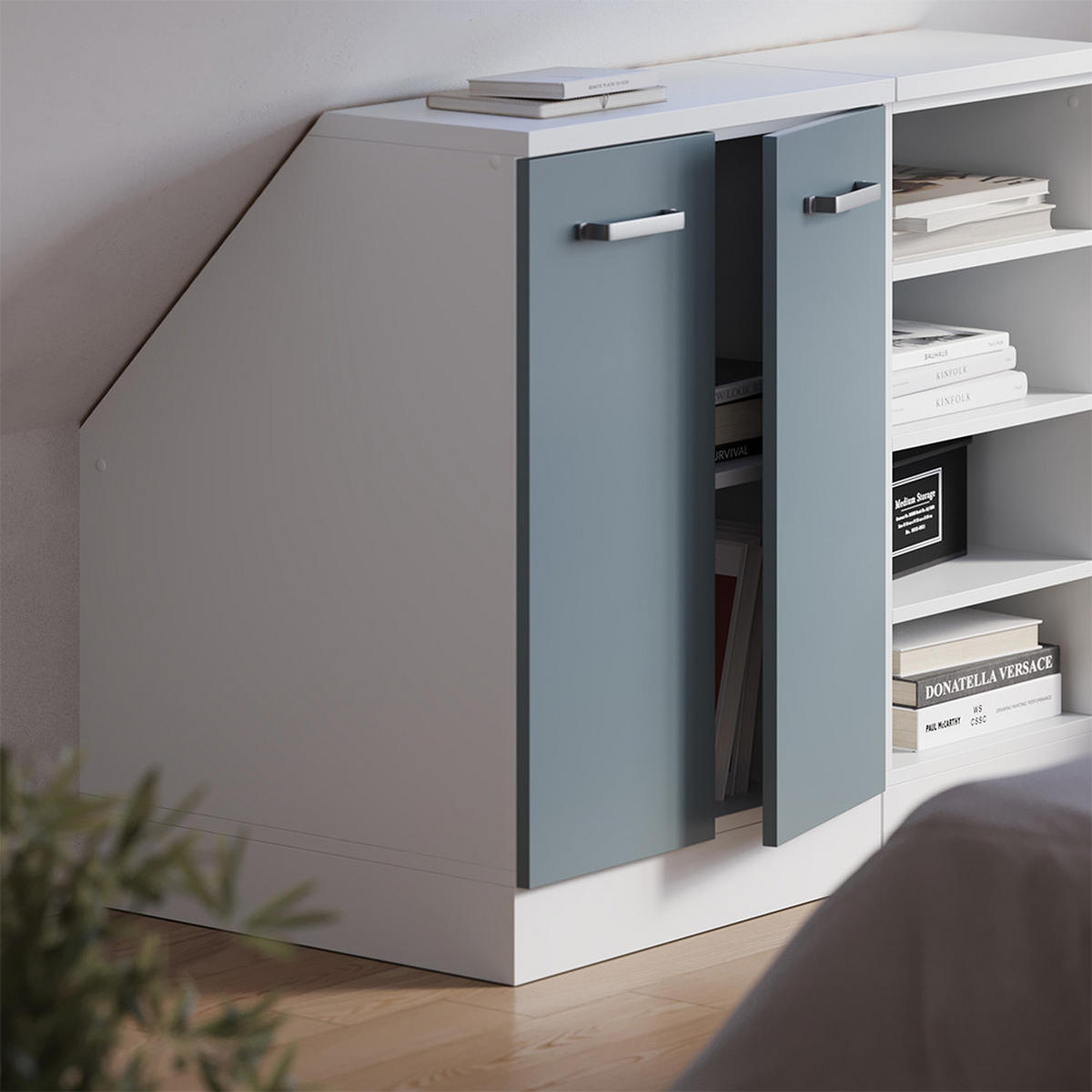 KUHINJSKA OMARA ZA POŠEVNE STREHE R-Line Modro-siva 60 cm z 2 vrati, korpus omare globina 60 cm - bela/modrosiva, leseni material (60/83.8/60cm) - Vicco