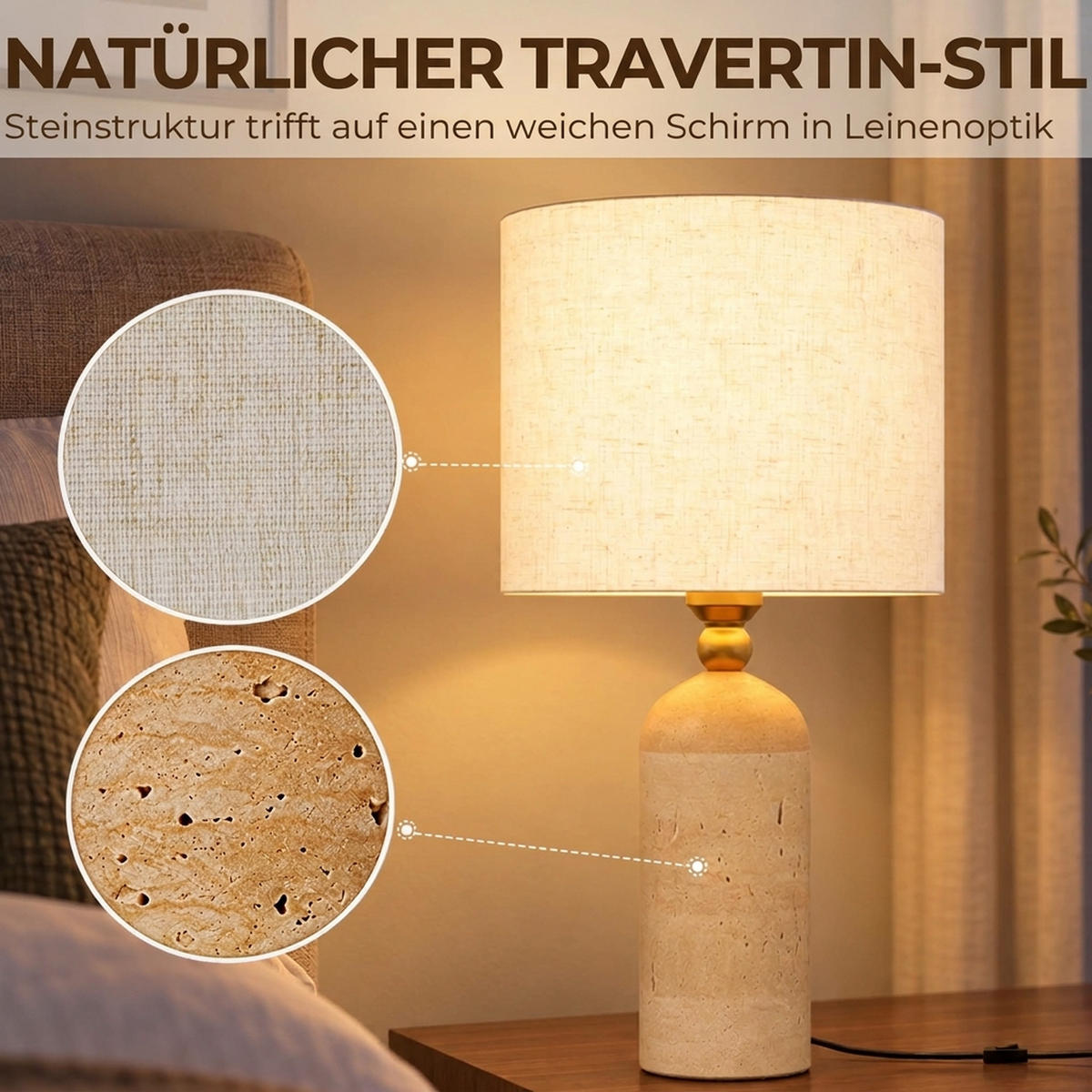 TISCHLAMPE Travertin Leinen Beige - Beige, Stein (25/25/48cm) - HOMCOM