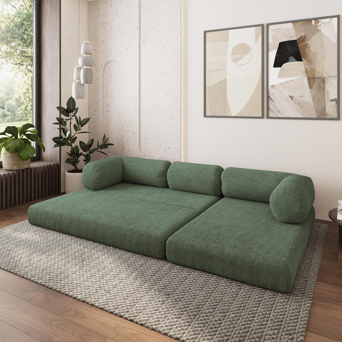 ROHOVÁ SEDAČKA KELI modulární Boneless pohovka s funkcí spaní, zelená barva QUELLE 37 - zelená barva, textil (270/160cm) - MASSENO