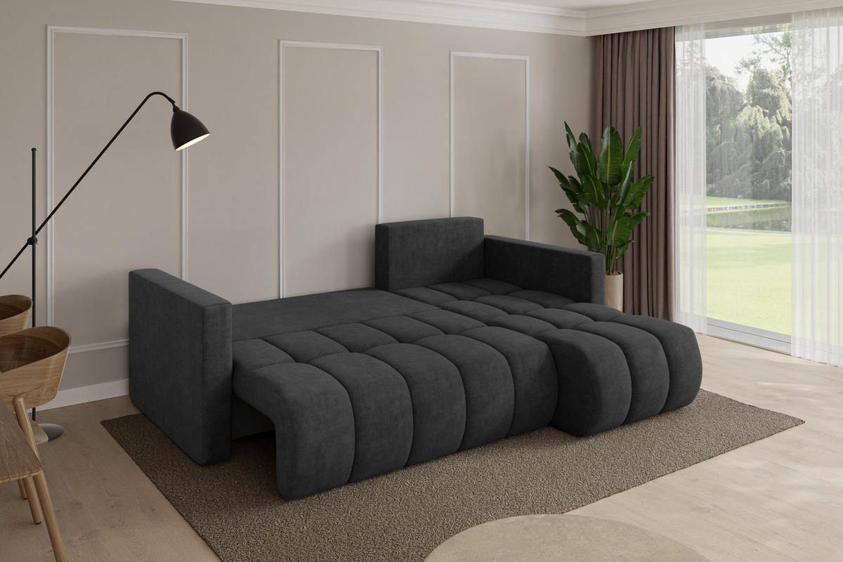 ROHOVÁ SEDAČKA s funkcí spaní, otoman vpravo GARD-L 226x146x85 tmavě šedá velur - černá/antracitová, kompozitní dřevo/textil (226/146cm) - ALTDECOR