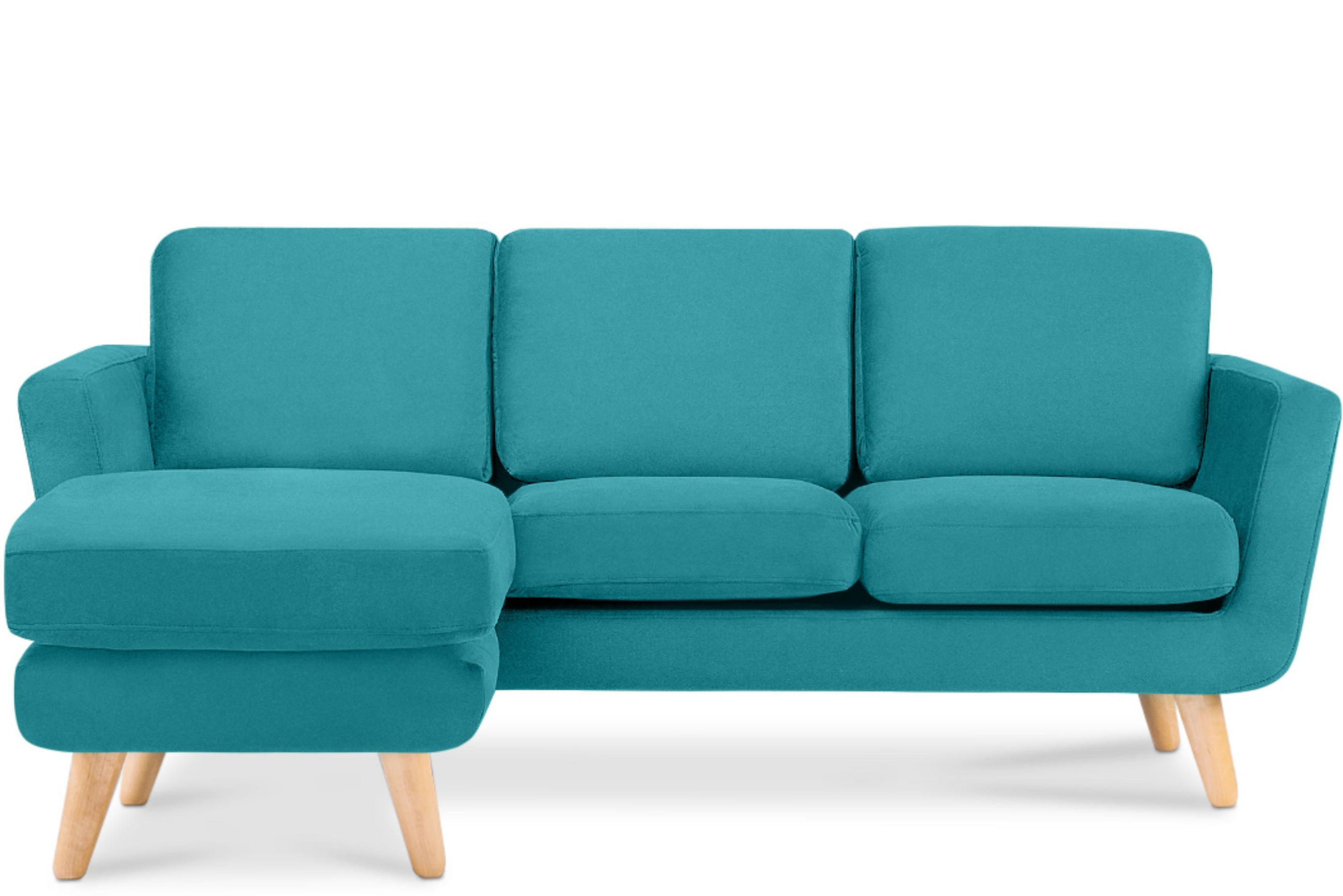 3-SITZER-ECKSOFA-LINKS TAGIO mit Ottomane , blau - Türkis/Braun, Buchenholz/Textil (190/151cm) - KONSIMO®