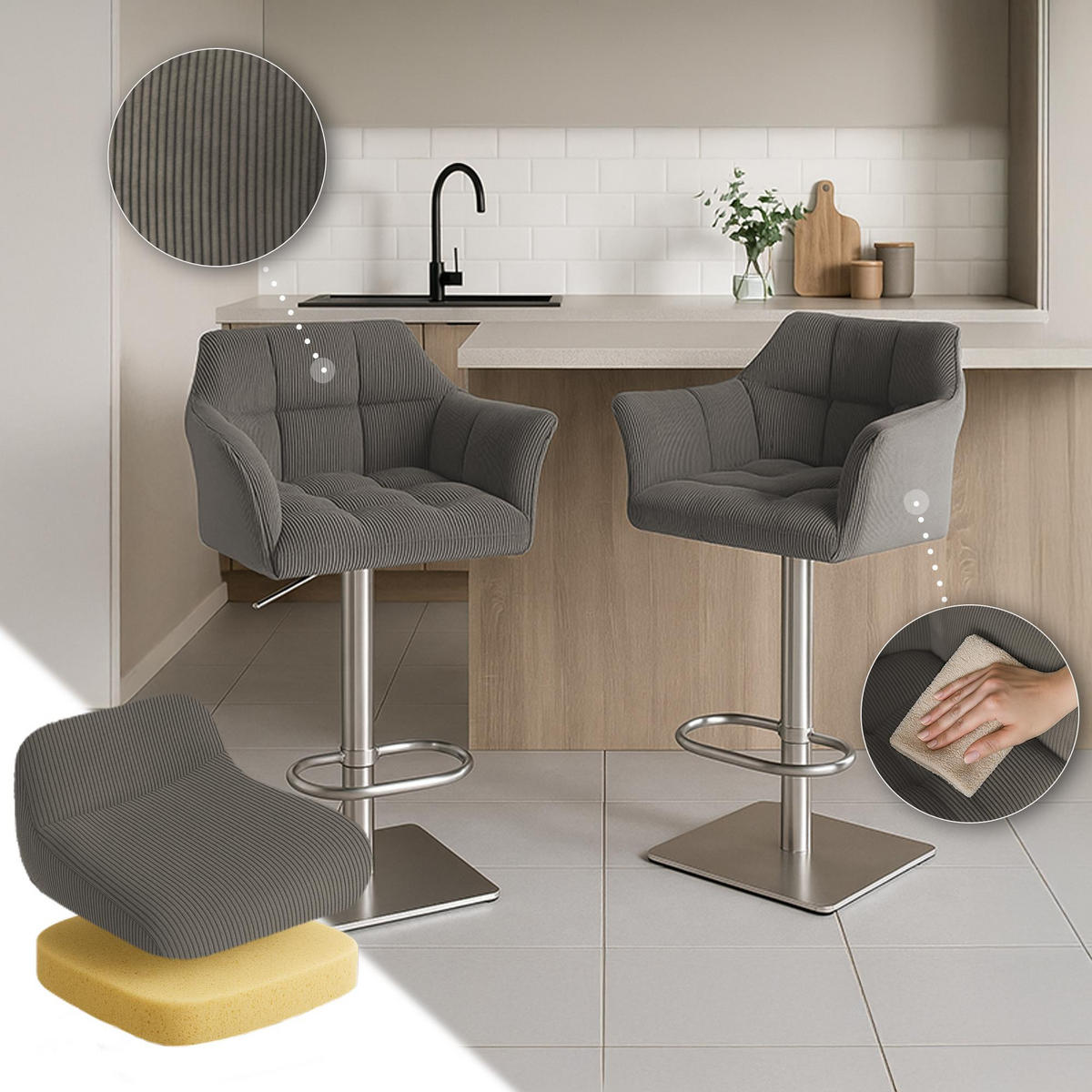 BARHOCKER Cord Taupe - Taupe/Edelstahlfarben, Textil/Metall (64/88/45cm) - CLP