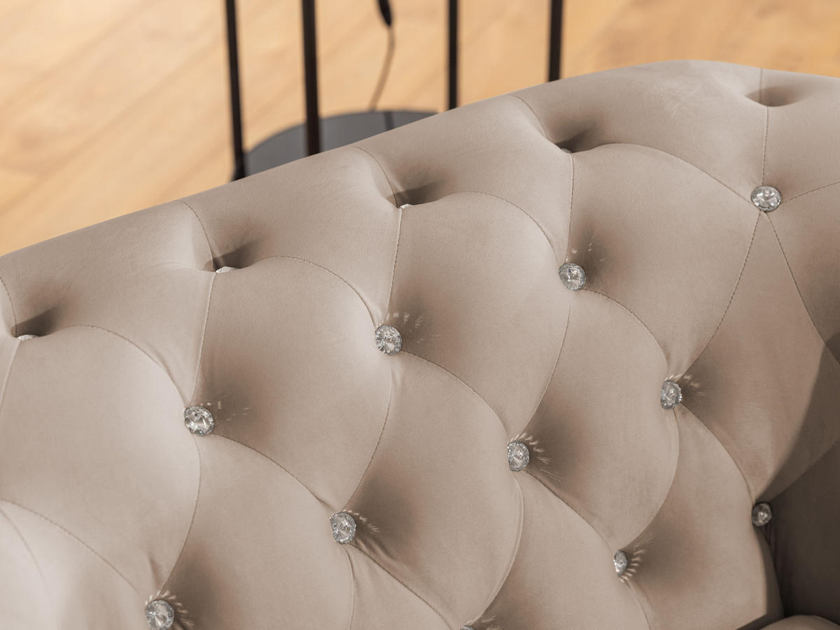 ECKSOFA mit Schlaffunktion Chesterfield Beige Samt mit Kristallsteppung und braunen Massivholzfüßen - Ottomane Links - Beige/Braun, Holz/Textil (264/210cm) - S-Style Möbel