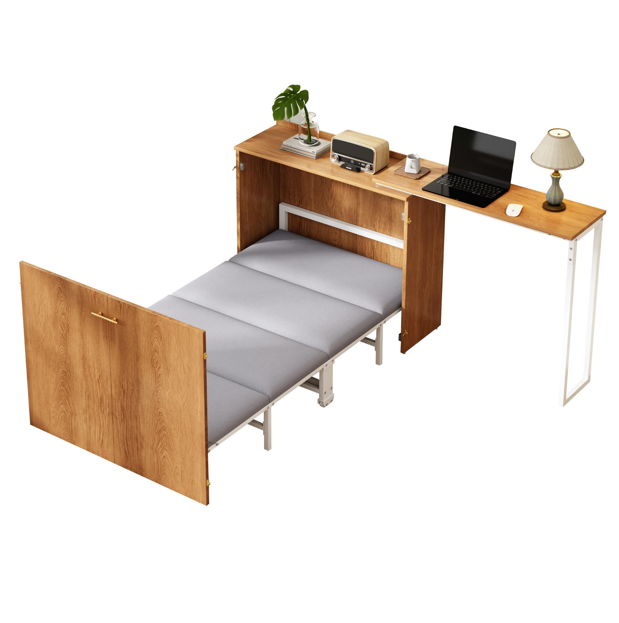 KLAPPBETT 90/200 cm mit drehbarem Schreibtisch, Rollen und Matratze, platzsparend, Natur - Naturfarben, Naturmaterialien (90/200cm) - Redom