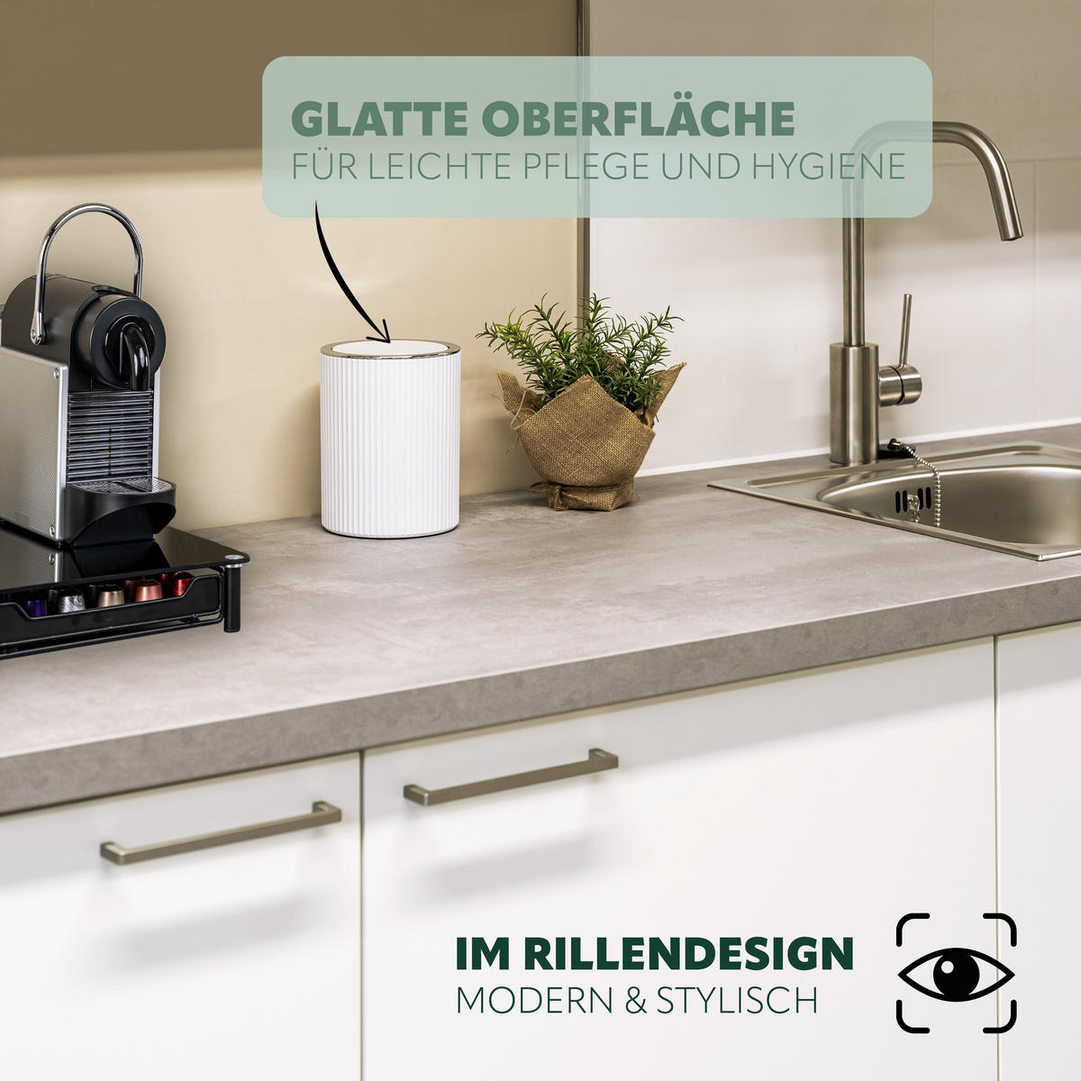 MINI-KOSMETIKEIMER 1,5 Liter, GAVELLO weiß, Kunststoff - Weiß, Kunststoff (12.5/16.3/12.5cm) - bremermann