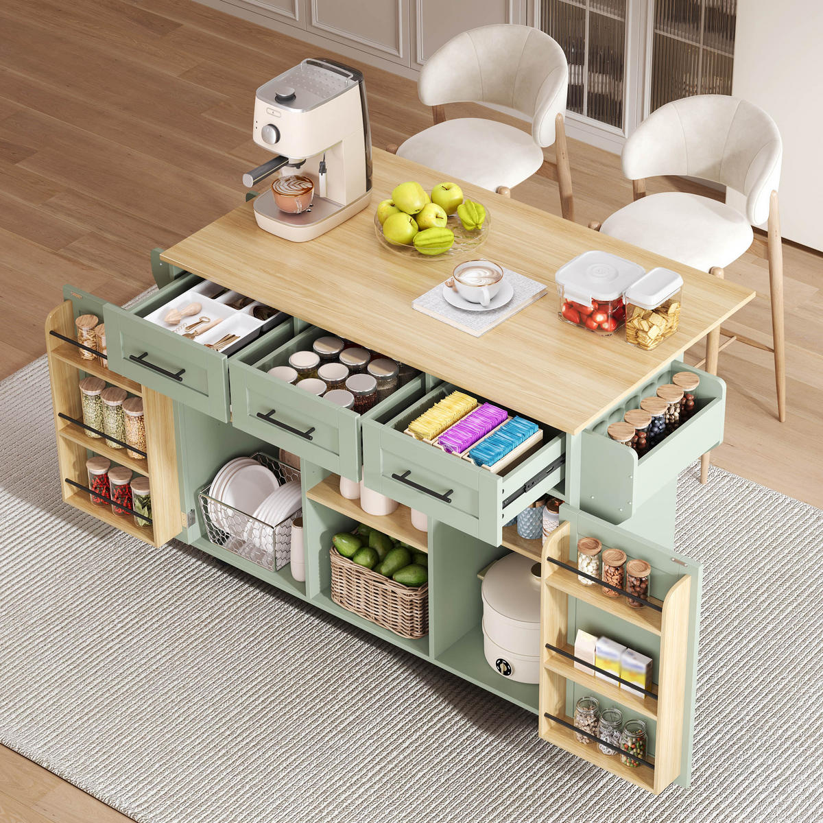 KÜCHENINSEL Antikgrün aus MDF mit klappbarer Erweiterungsplatte 139 × 46 × 91,5 cm - Grün, Holzwerkstoff (139/91.5/71cm) - Luhomfu
