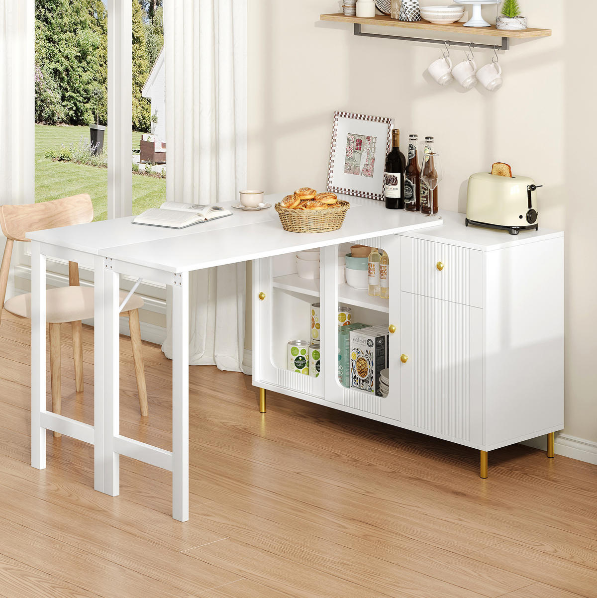 SIDEBOARD 116/40/78.5 cm Weiß aus MDF mit ausklappbarer Tischplatte - Weiß, Holzwerkstoff (40/78/116cm) - OKMYHOME