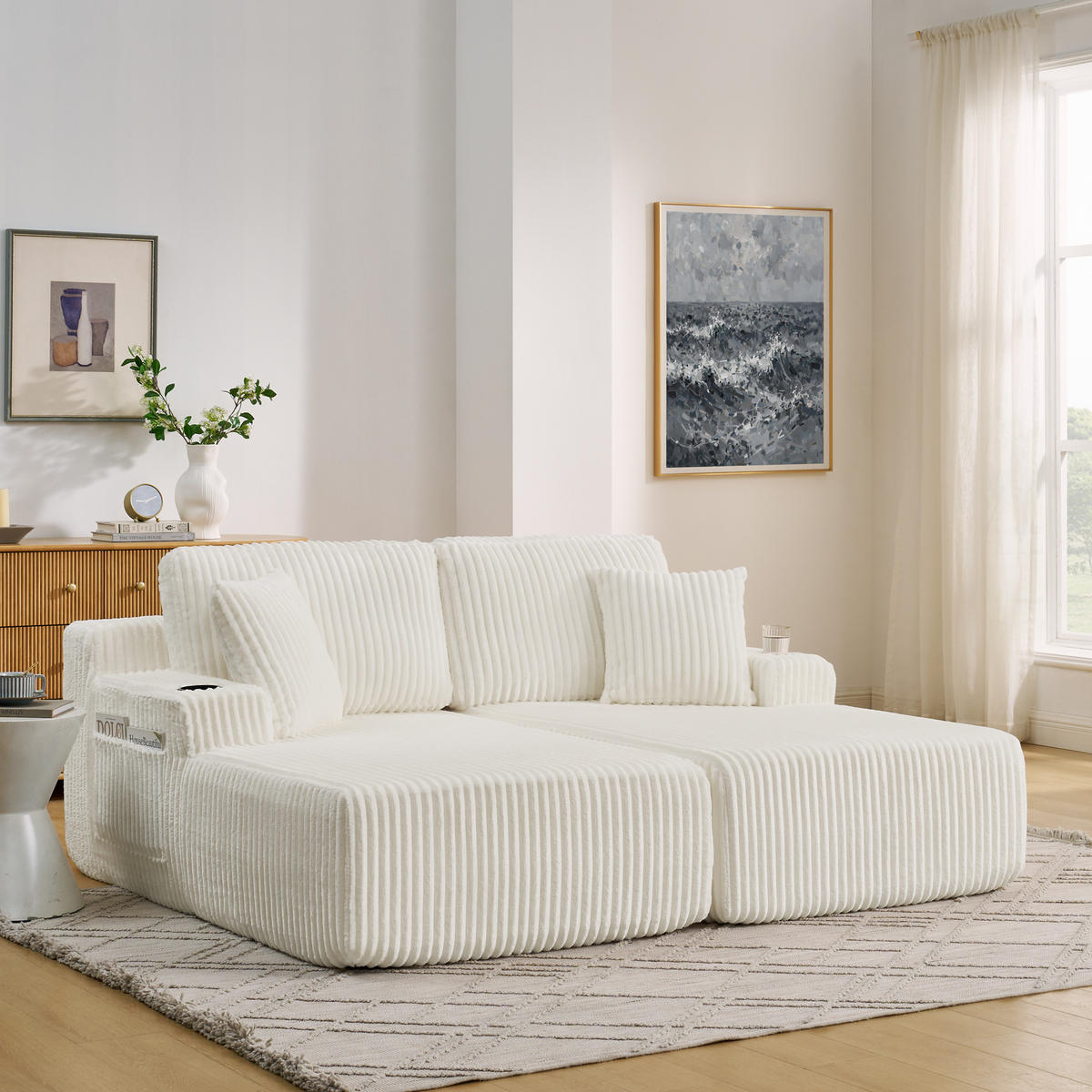 SCHLAFSOFA 186/154/78 cm Beige Cord mit seitlicher Magazintasche und Getränkehalter - Beige, Textil (186/78/154cm) - Oxeza