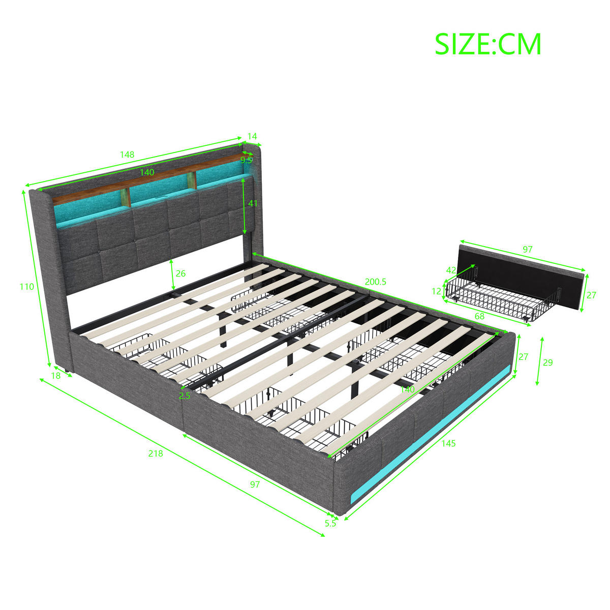 FUNKTIONSBETT POLSTERBETT 140x200 cm, mit USB-Laden & Stauraum, Grau - Grau, Holz (140/200cm)