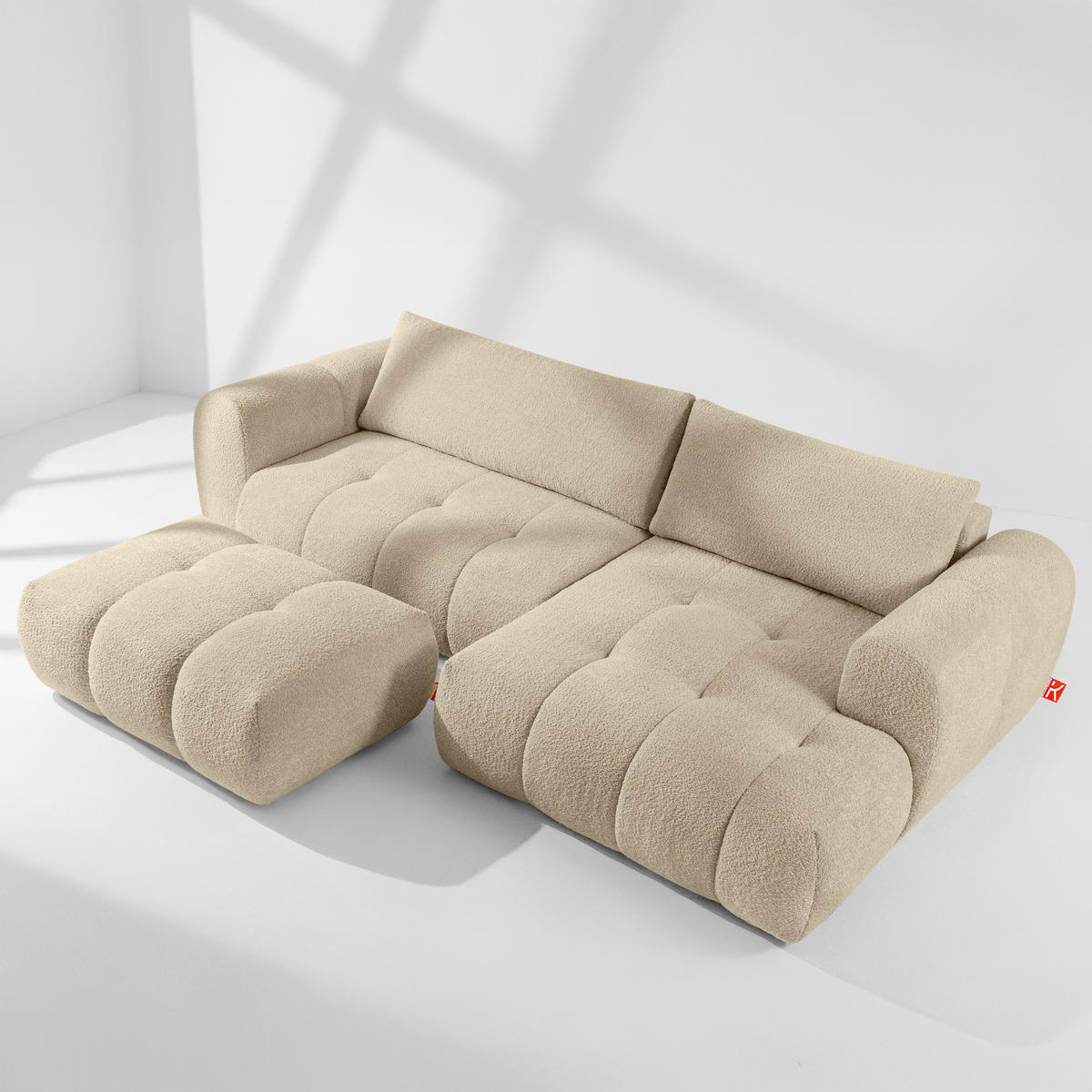 ECKSOFA MIT HOCKER LIRA, Hellbeige, Bouclé - Sandfarben, Holz/Holzwerkstoff (96/50cm) - KONSIMO®