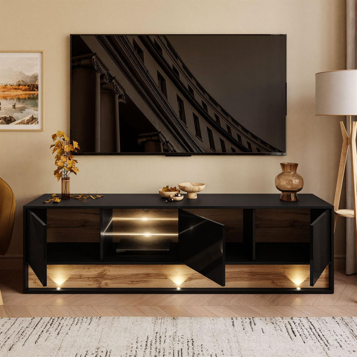 TV-SCHRANK VILLA 180 cm mit Einsatz aus Wotan Eiche - Eiche Wotan/Schwarz, Holzwerkstoff (180/50/40cm) - Lookway