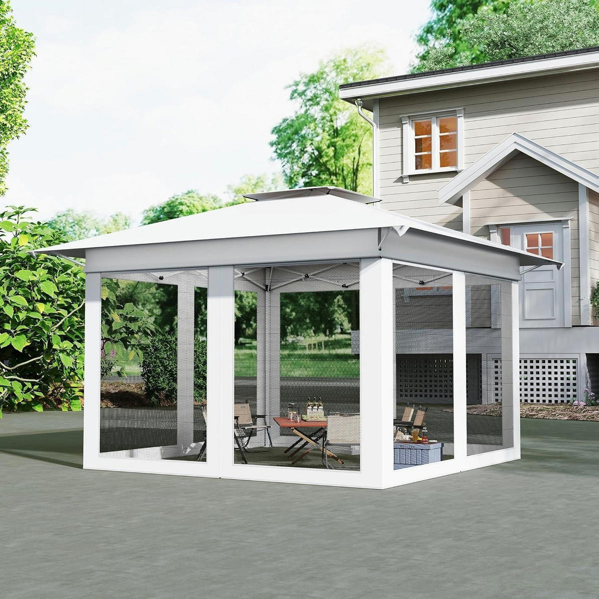 PAVILLON 4x4m mit Moskitonetz und Doppeldach Höhenverstellbar Weiß - Weiß, Metall (300/285/400cm)