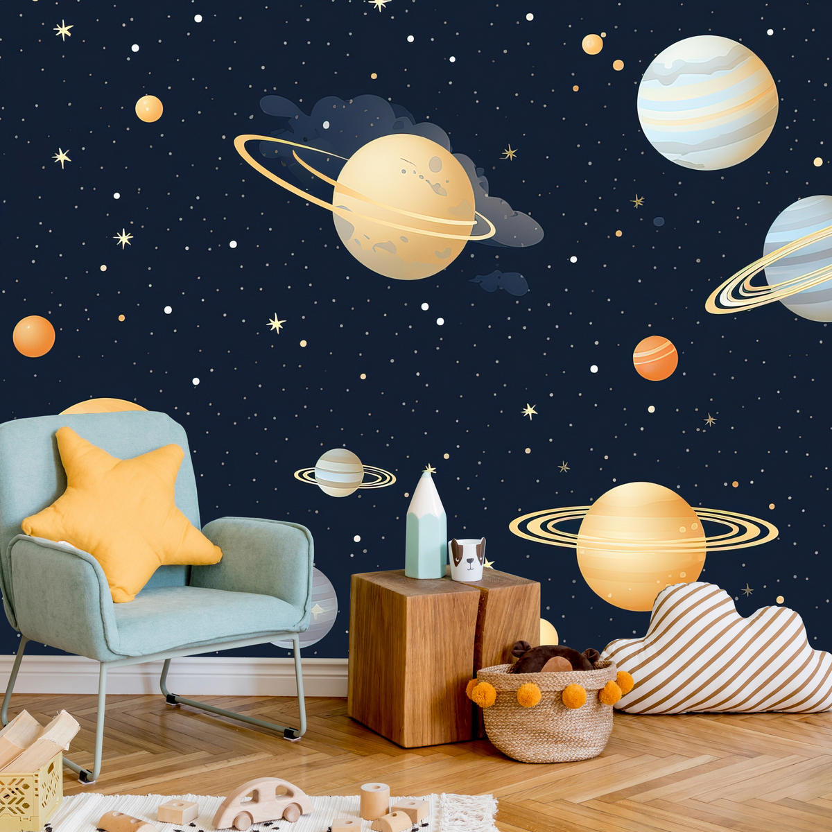 FOTOTAPETE für Kinderzimmer Märchen Galaxie Planeten Sterne 100x70 - Blau/Gelb, Papier (100/70cm) - Muralo