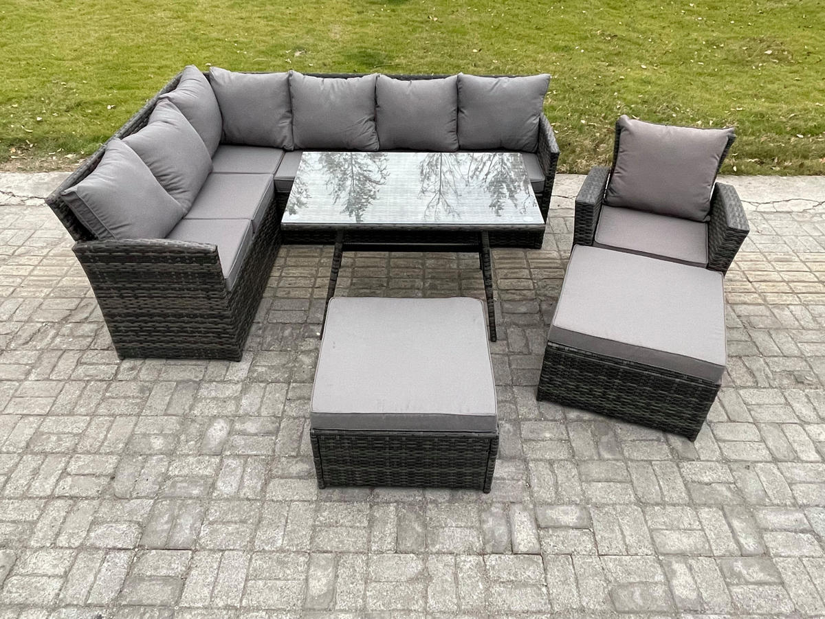 SITZGRUPPE mit Ecksofa,große Fußhocker,Stuhl Polyrattan Dunkelgrau 9-Sitzer - Dunkelgrau/Grau, Glas/Kunststoff - Fimous