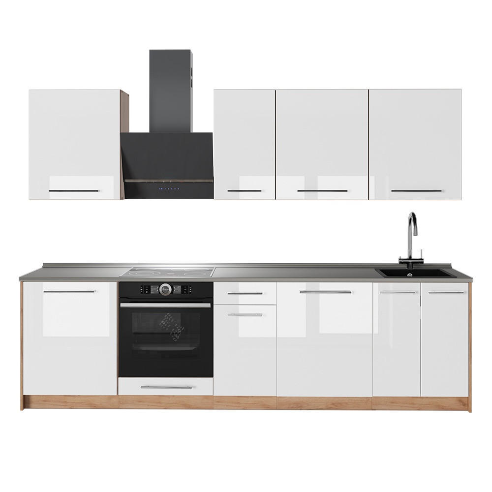 KUCHYNKA Fame-Line, Biely vysoký lesk/Dub Goldkraft, 280 cm, AP Marble - biela s vysokým leskom/dub medový, kompozitné drevo (280/206.8/60cm) - Vicco