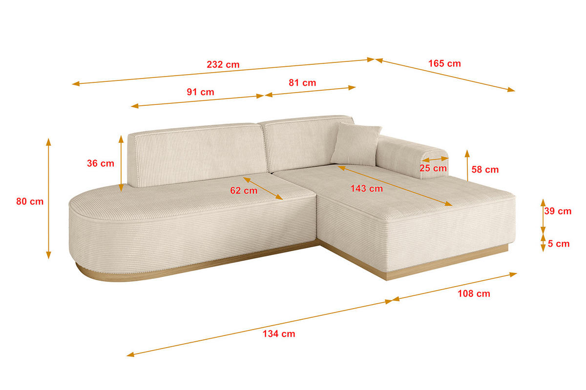 ECKSOFA Ottomane Rechts IREA-L1-v2 - 232x165x80 cm Beige - Beige, Holzwerkstoff/Textil (232/165cm) - ALTDECOR