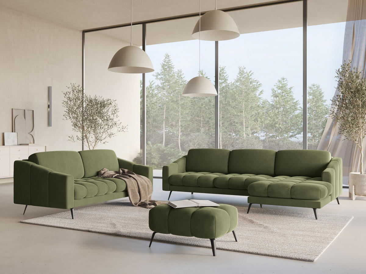 POUF Samt Stoff Grün - Schwarz/Olivgrün, Textil/Metall (78/41/60cm) - Makamii