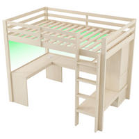 HOCHBETT 140/200 cm DE-03342, mit Schreibtisch, Multifunktionsregalen, LED und Kleiderschrank, in Natürlich - Naturfarben, Holz/Holzwerkstoff (140/200cm) - ComfortXL