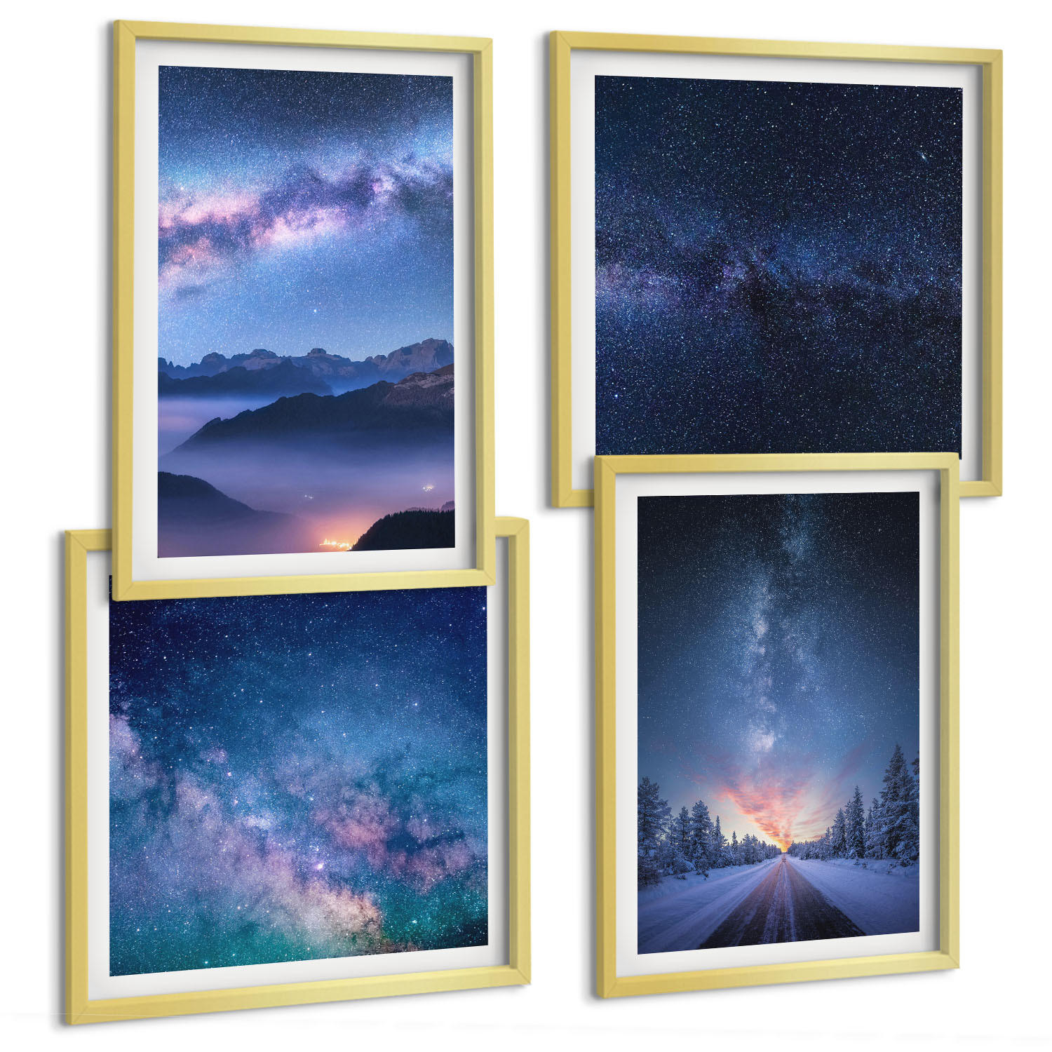 BILDER SET 4er Set - 50x50 cm & 40x60 cm Goldrahmen - Nachthimmel, Berge, Winter, Weltraum - Goldfarben, Kunststoff (50/50cm) - TULUP
