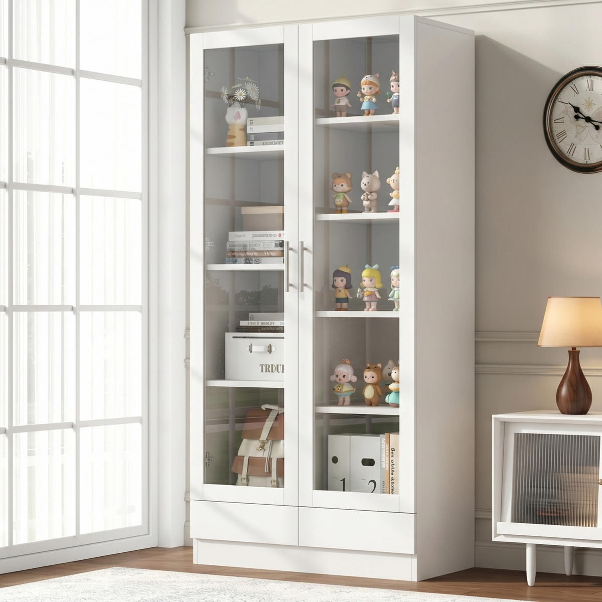 KÜCHENSCHRANKWEISS 80x40x160 cm, MDF und Glas, MIT 2 SCHUBLADEN, für Wohnzimmer und Büro - Weiß, Holzwerkstoff (40/160/80cm) - Rolipo
