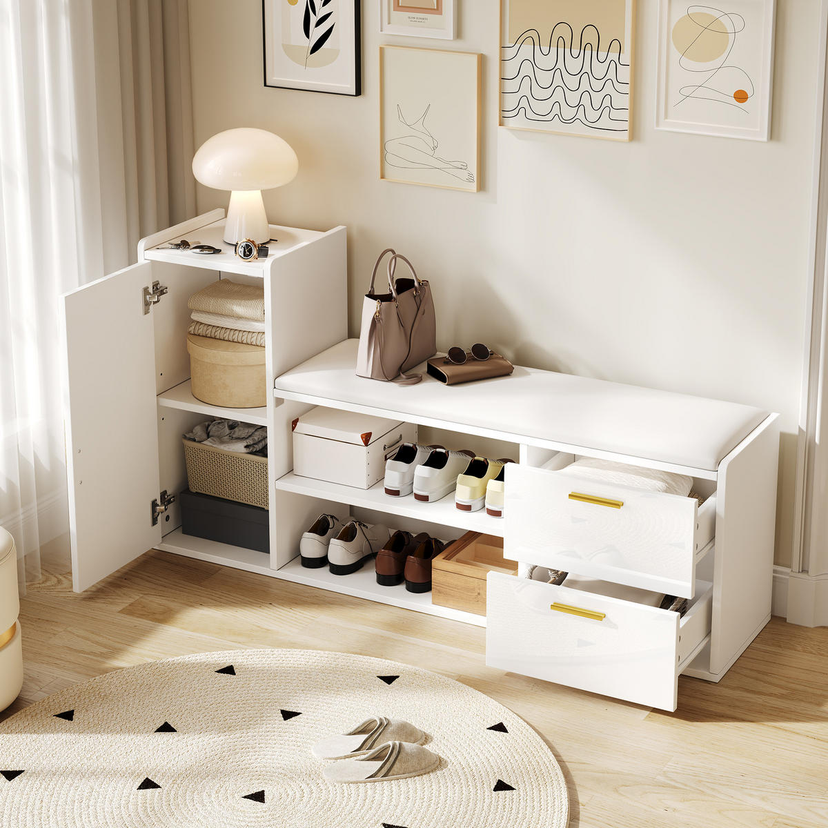 SCHUHSCHRANK Weiß Hochglanz 2 Schubladen 128x30x68cm Sitzbank - Weiß, Holzwerkstoff (30/68/128cm) - FLIEKS