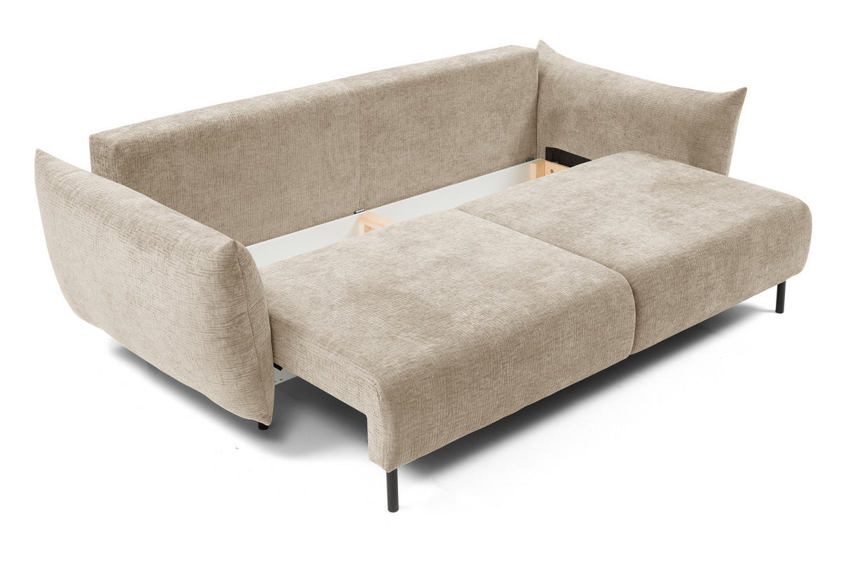 SOFA ADEL - Schlaffunktion Und Bettkasten, Wellenfederung, PUR-Schaum, Schwarze Metallfüße lose Rückenkissen, freistehend, 240x108x75 cm Beige - Beige, Holz/Textil (240/75/108cm) - DomoHome