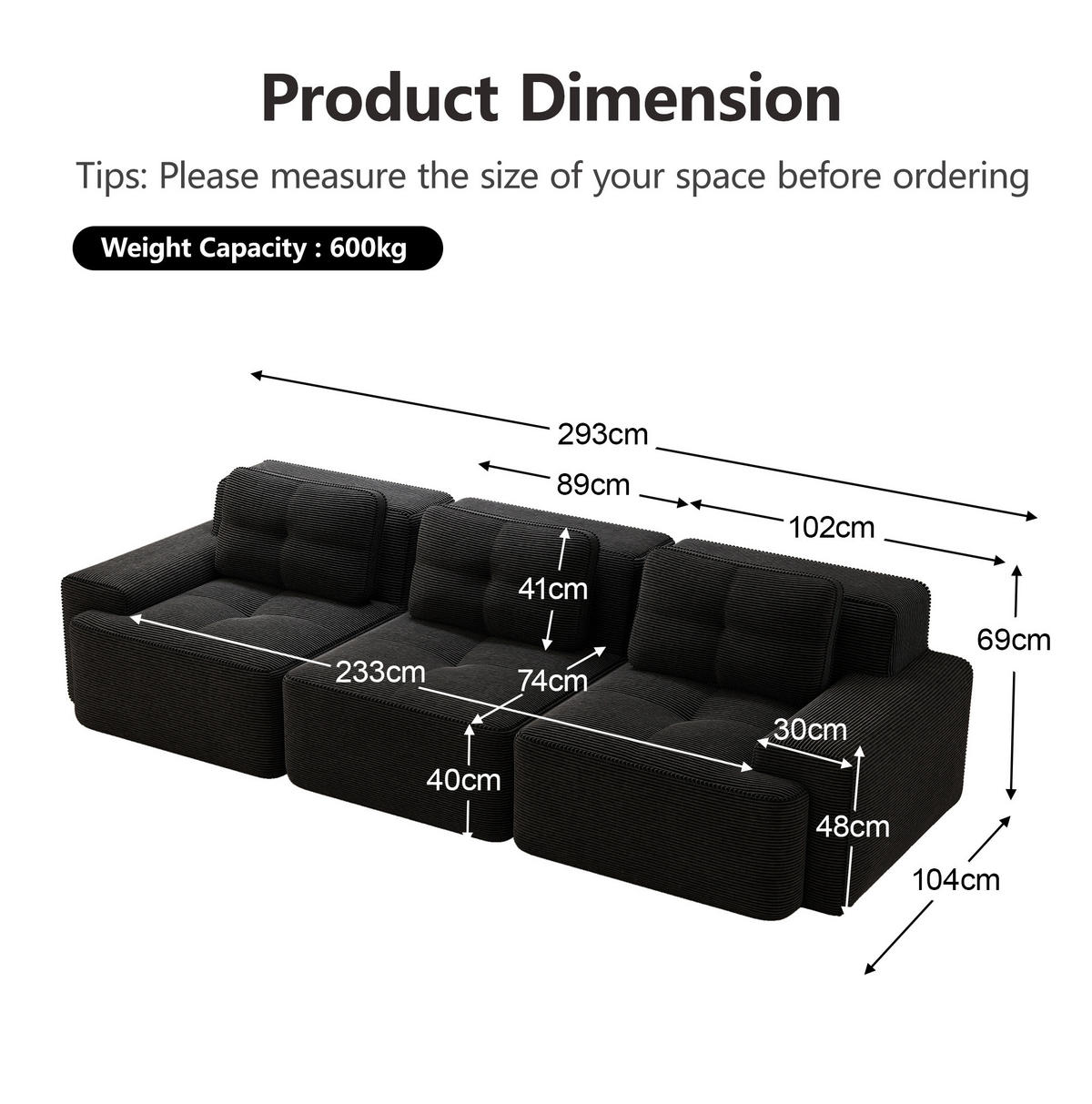 3-SITZER Sofa mit 74 cm Tiefsitz, boneless Design, cordbezogen und montagefrei, Schwarz - Schwarz, Textil (293/69/104cm) - Redom