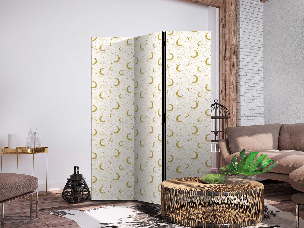 PARAVENT Akustik 3-tlg 135x172 cm Mond Sterne Boho Stil - Beige, Holz/Textil (135/172/3cm) - Muralo