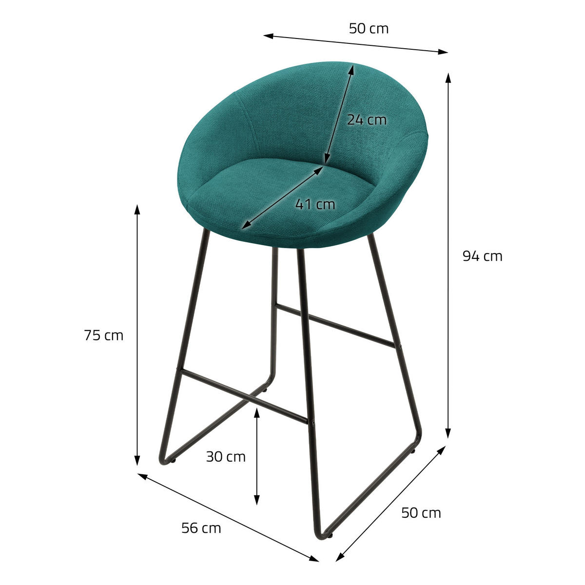 BARHOCKER 2er Set Petrol mit Stoffbezug - Türkis/Schwarz, Metall (56/94/50cm) - ML-DESIGN