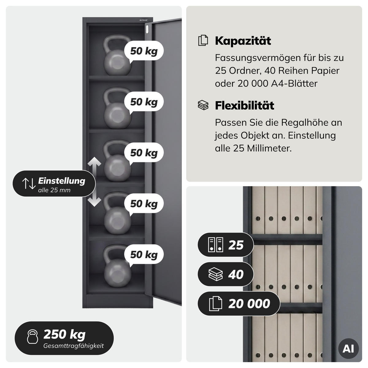 BÜRO Aktenschrank ALEX - Anthrazit, Metall (45/185/40cm) - Jan Nowak